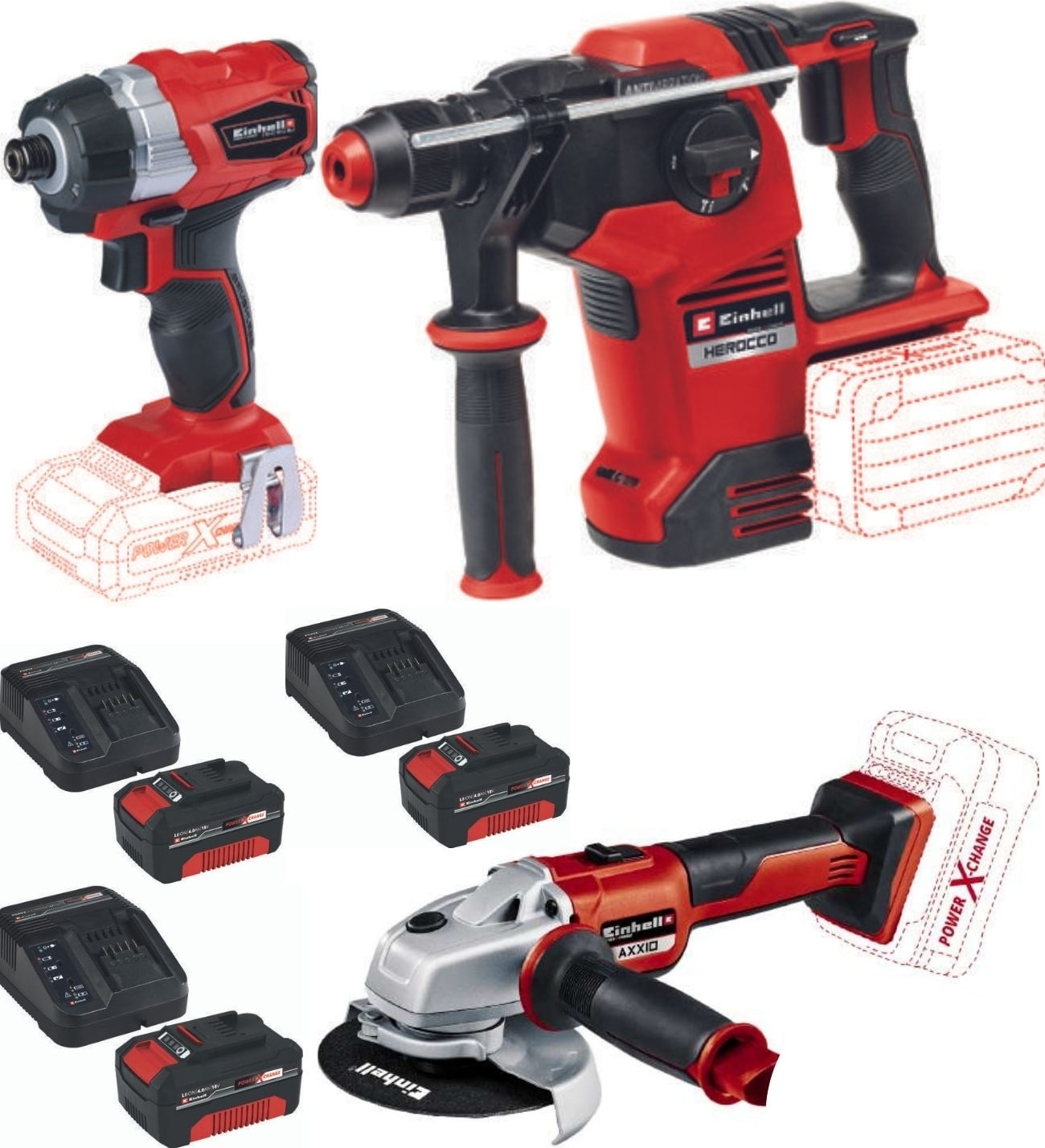 EİNHELL Te-Cı 18 Li Bl Vidalama Herocco 36/28 Kırıcı Delici Axxio 125MM Avuç Taşlama 3X4.0AH Akülü Kömürsüz Set