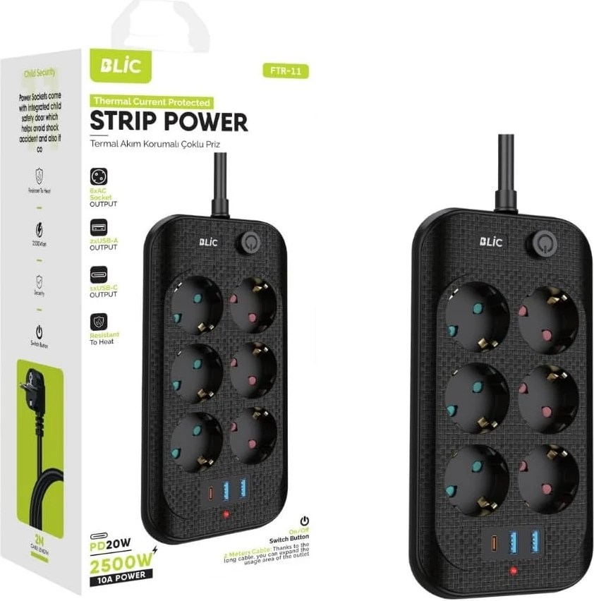 Akım Korumalı, 6&apos;lı Priz Soketi, 2x USB Girişli, 1x Type-C Girişi, Çocuk Korumalı Uzatma Kablosu (2mt Kablo)