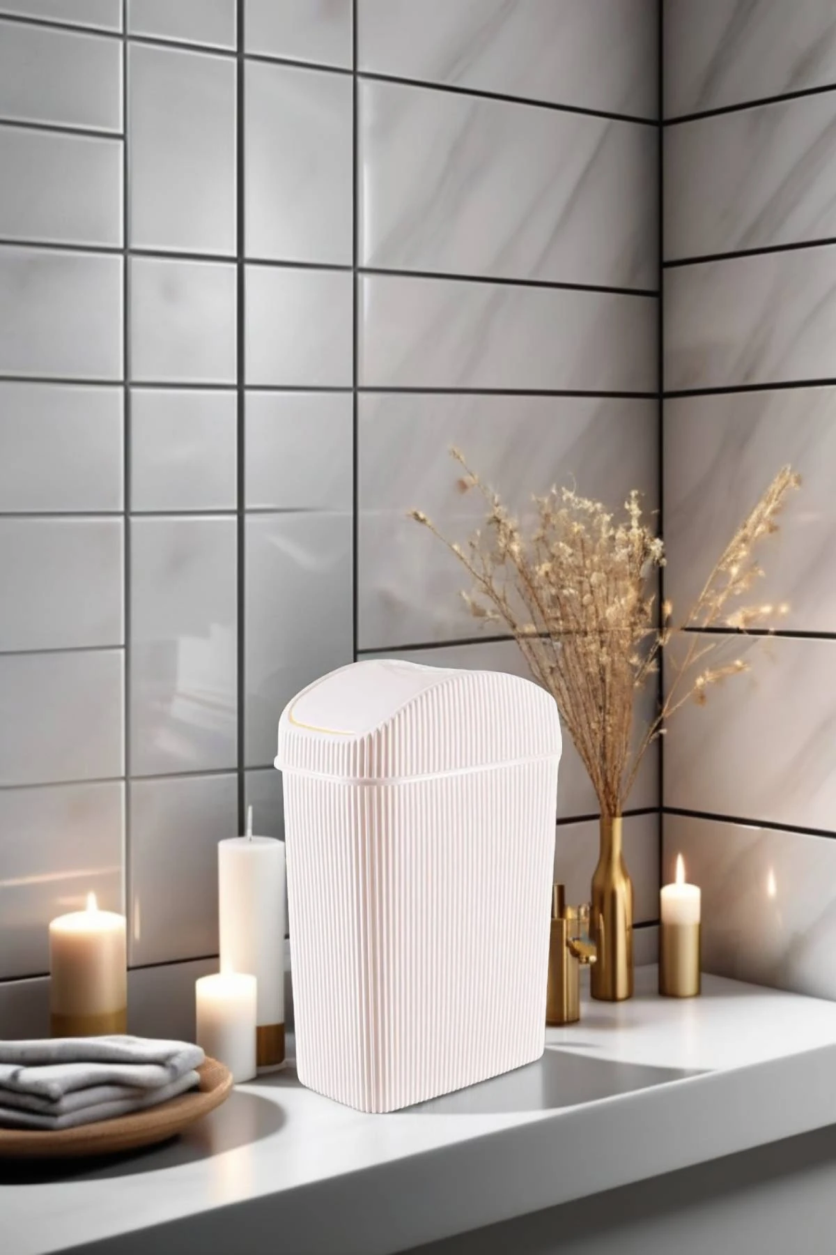 Mini Çöp Kovası, Mutfak, Banyo, Tuvalet, Ofis Çöp Kutusu Krem