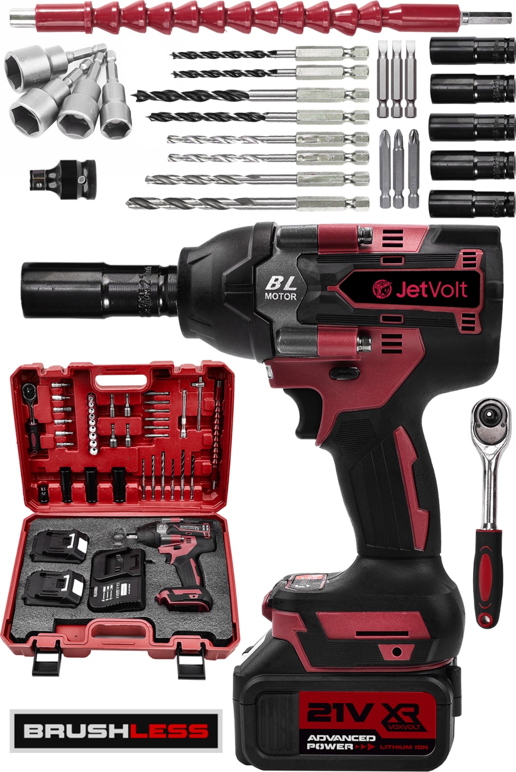 21V 2.0AH Akülü Vidalama Darbeli Kömürsüz Motor 800NM 10 Pilli Bijon Somun Sökme Sıkma - Kırmızı