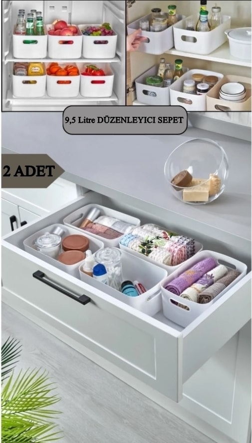 2 Adet 9.5 Lt Dolap Içi Buzdolabı Düzenleyici Banyo Organizer Sepet