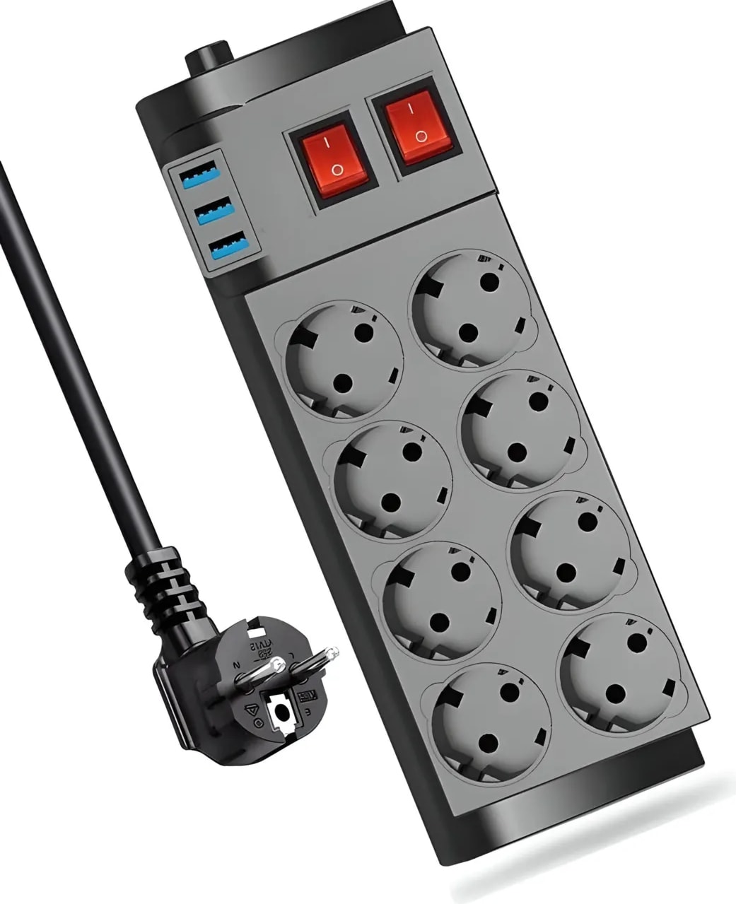 8'li Priz 3x USB 2mt Uzatma Kablosu Termal Akım Korumalı Çoklu Priz