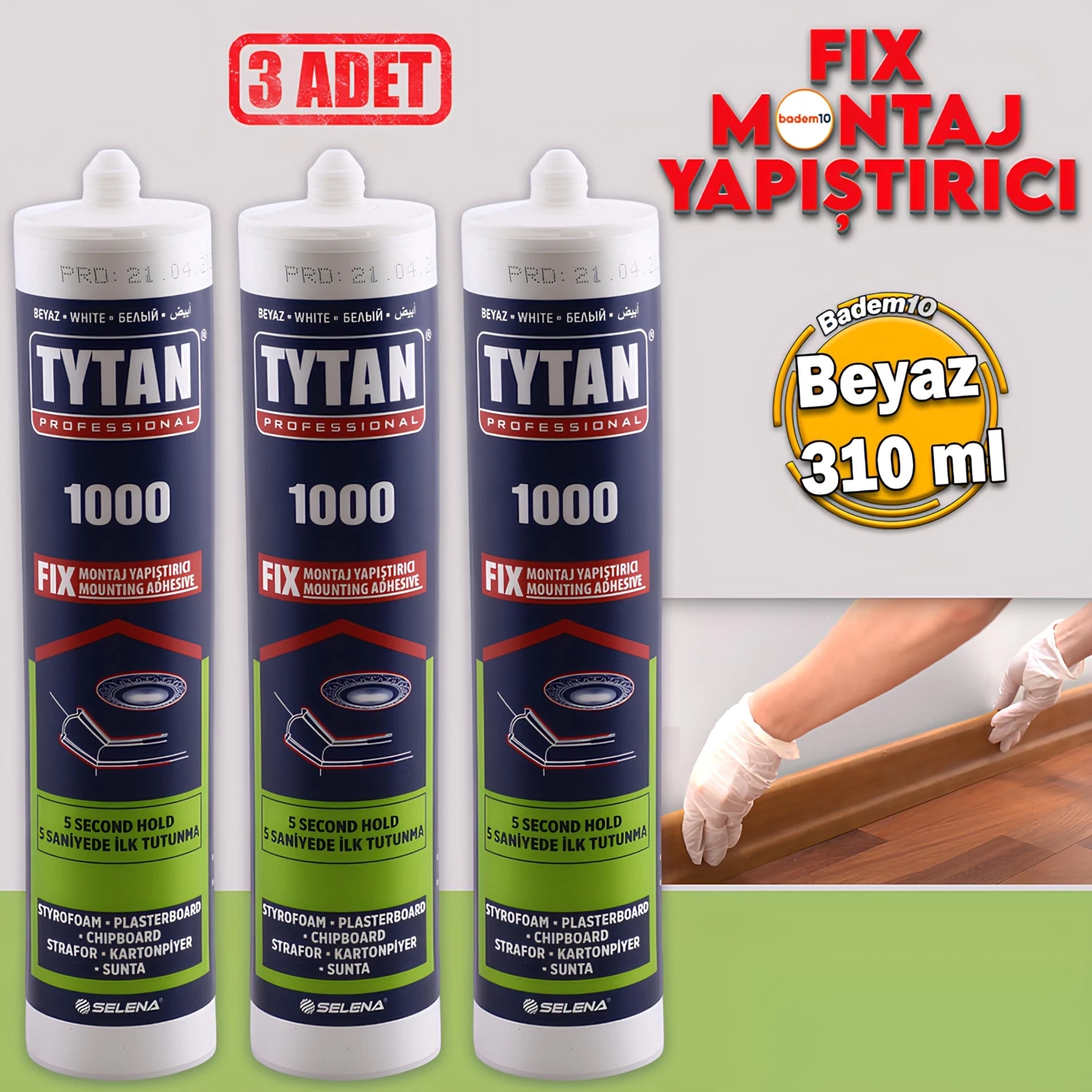 Tytan Fix Çok Amaçlı Güçlü Montaj Yapıştırıcı 3'lü 310 ml Beyaz Ahşap Beton Fayans Cam Mermer Yapış