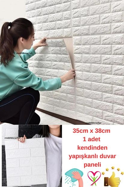 Kendinden Yapışkanlı Duvar Kağıdı Esnek Köpük Paneli 3d Tuğla Desen Beyaz 1 Adet 35x38 Cm