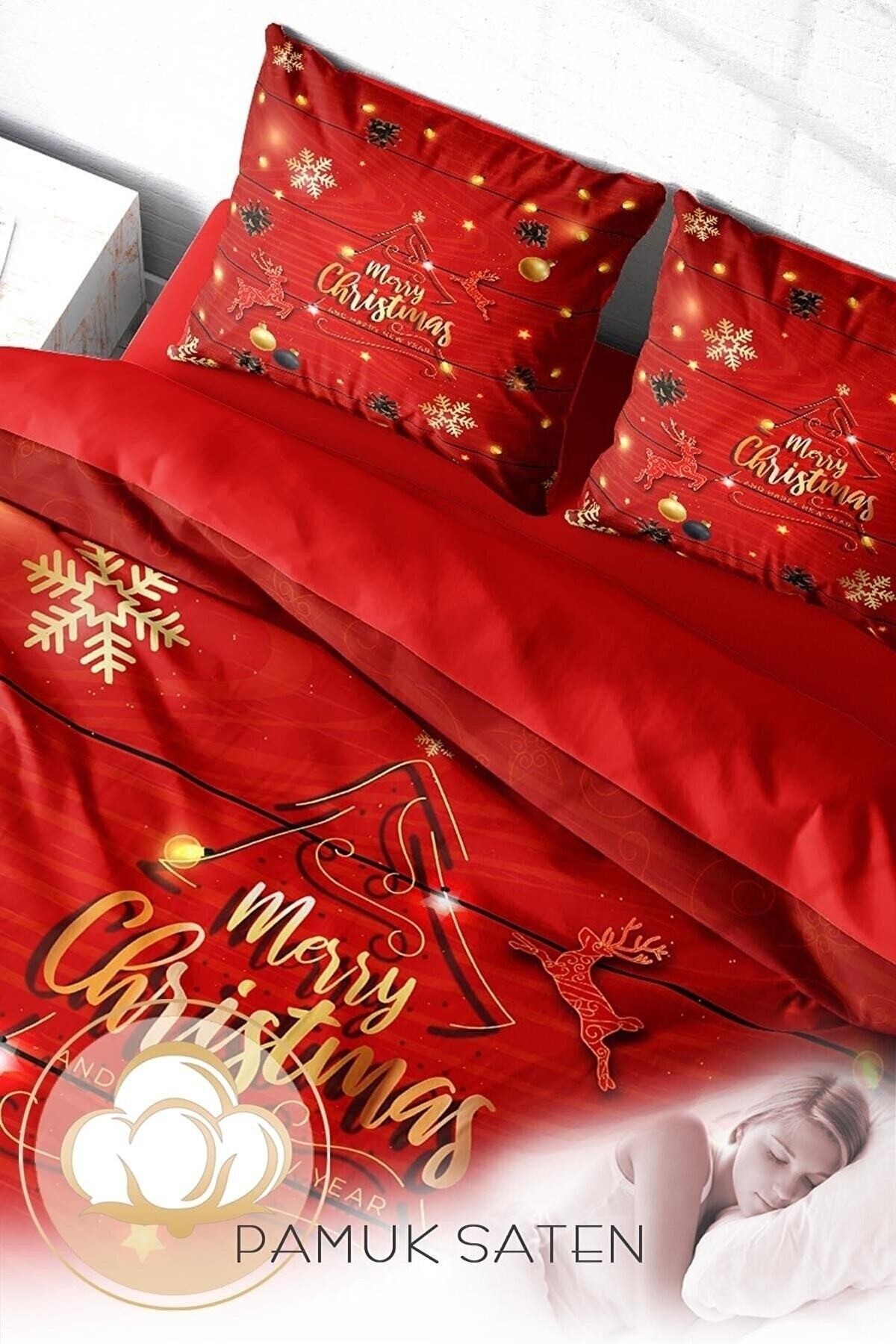 KING SIZE Yılbaşı Süsü Pine Tree Deers Noel %100 Pamuk Saten 3d Çift Kişilik Nevresim Takımı