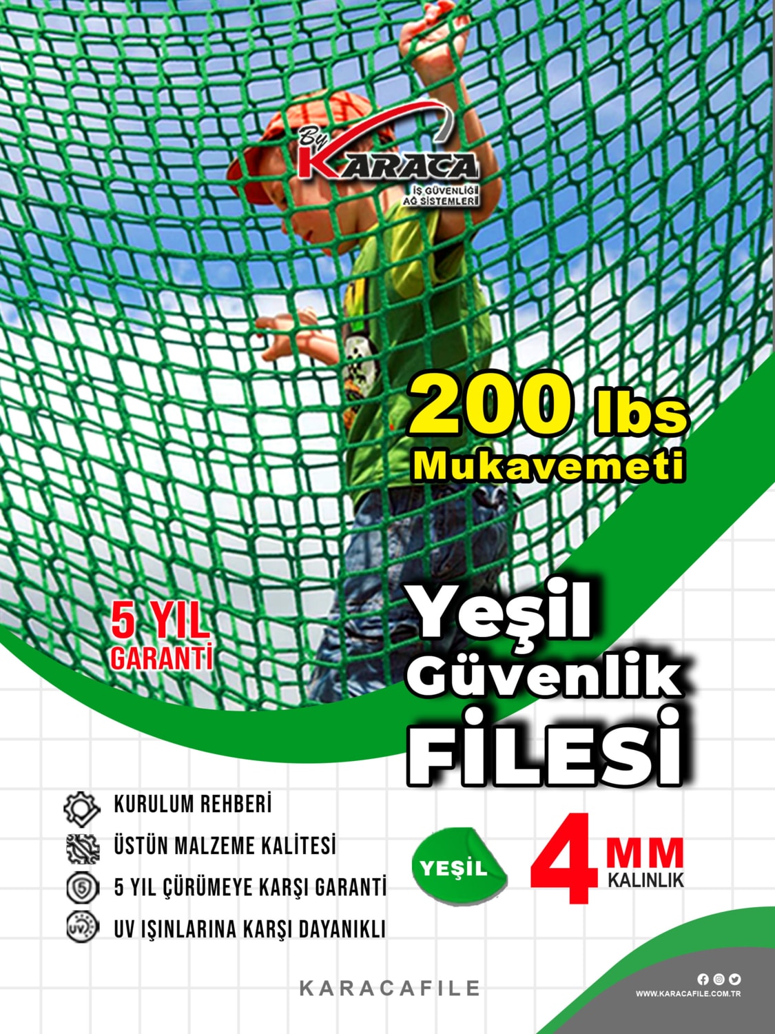 Yeşil Güvenlik File– 1,5 M Yükseklik | Metreyle Kesim | 4 mm Ip, 5x5 cm Göz Aralığı + Montaj Aparatları