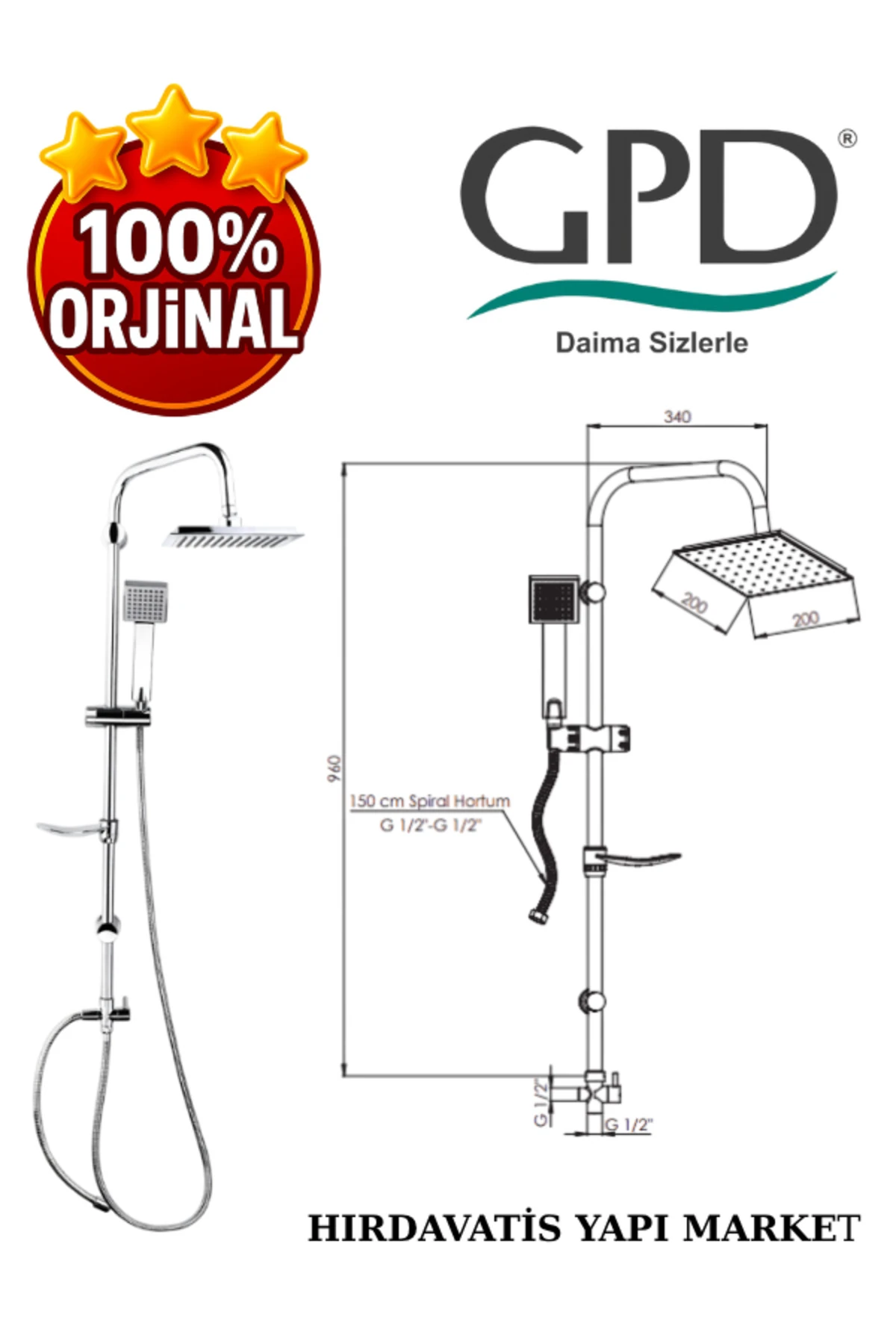 DST19-3 Yönlendiricili Duş Seti (Tek Fonksiyonlu El Duşu + 200X200)
