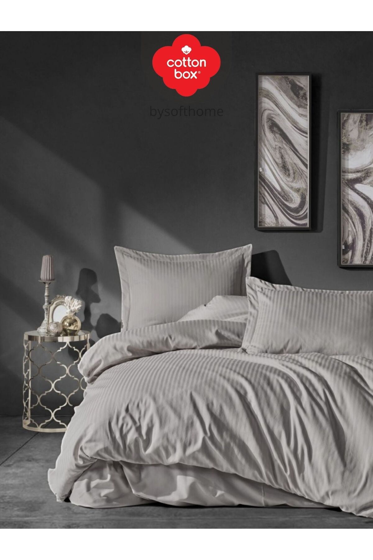 Elegant Stripe Gri Çift Kişilik Pamuk Saten Nevresim Takımı