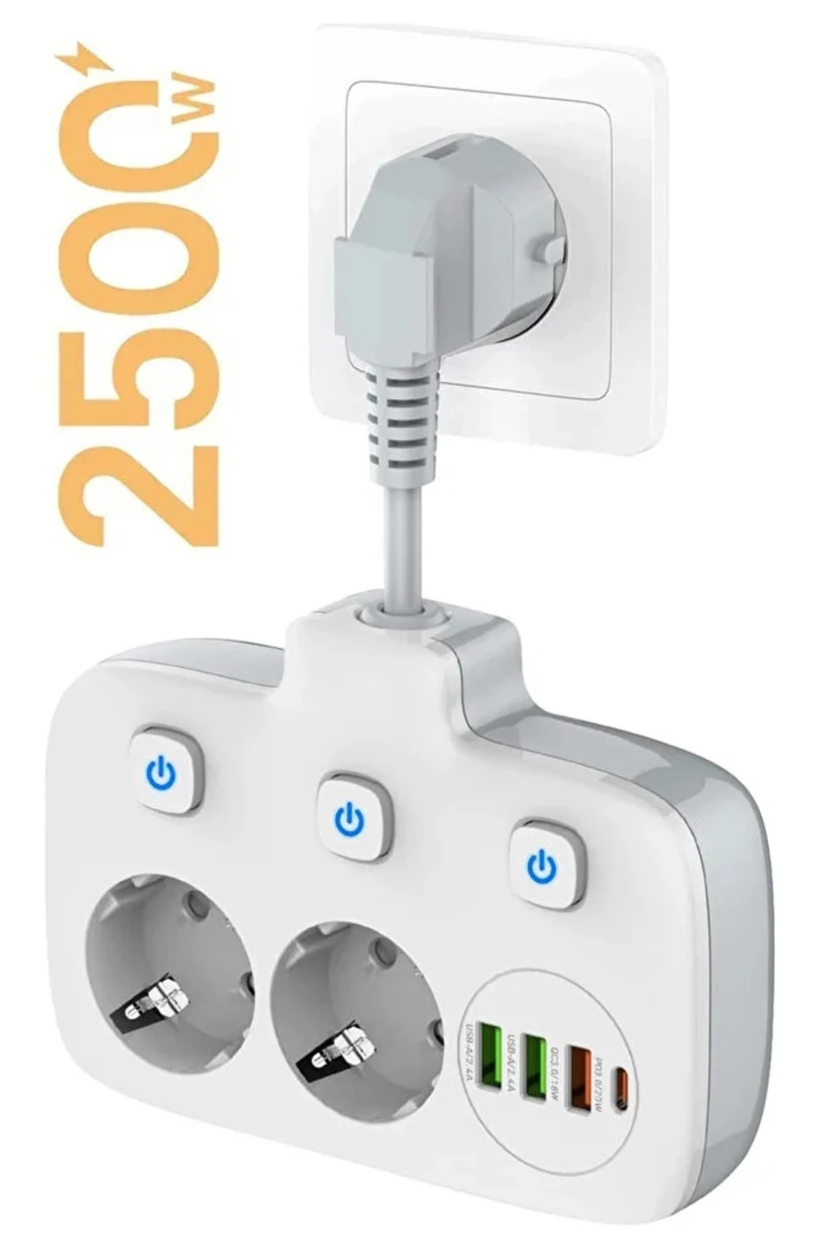 Akım Korumalı 2'li Ayrı Anahtarlı Priz, 2x Priz, 3x USB, 1x Type-C, 2 mt Kablo, Hızlı Şarj
