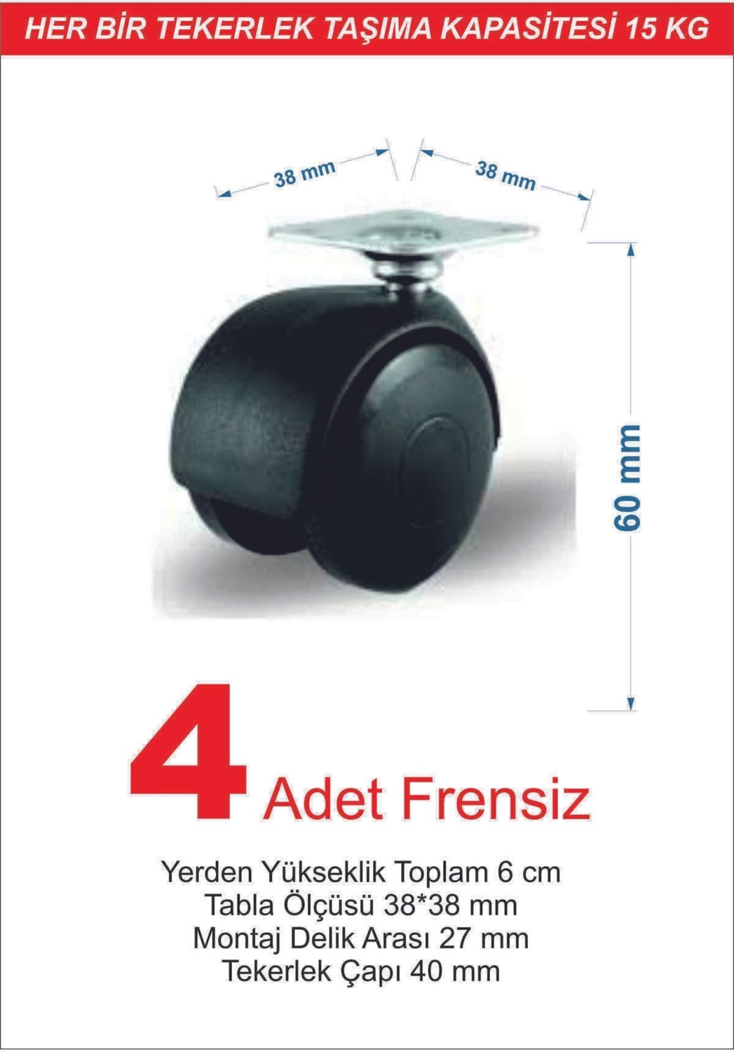 40 mm Oynar Siyah Vidalı Mobilya Tekerleği 40 mm | Dolap, Sehpa, Masa Ayağı Tekeri 4’lü Set
