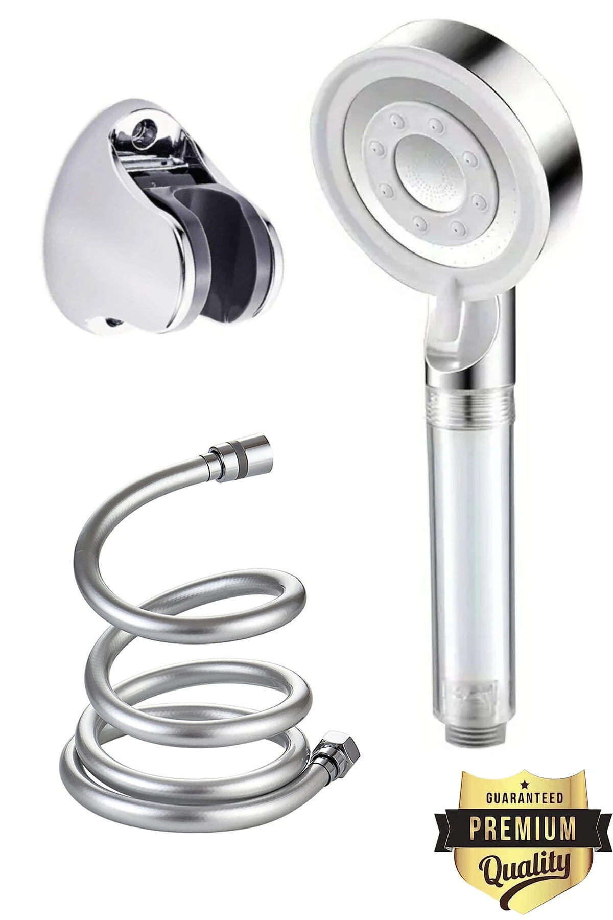 Filtreli Beyaz Çelik 5 Fonksiyonlu Duş Başlığı Seti – 150 cm Pvc Gri Hortum 3 Parça