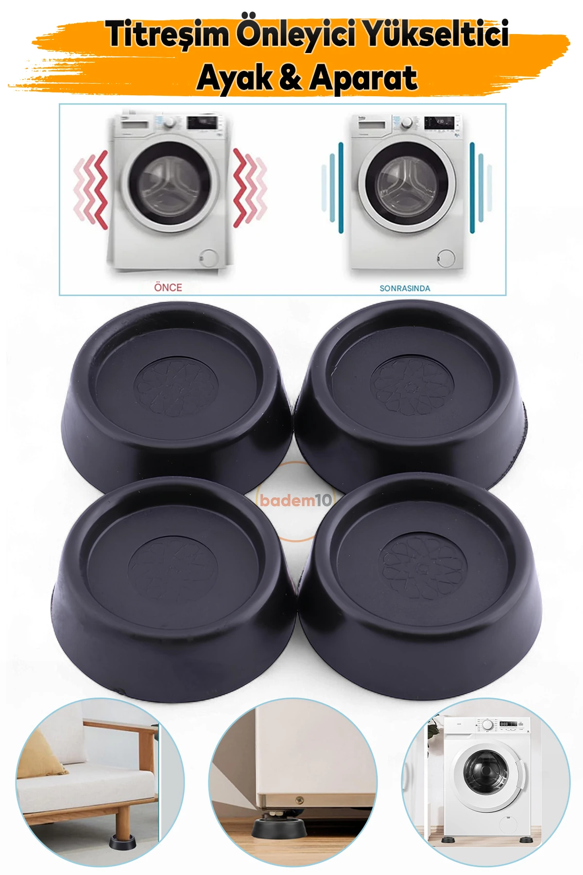 4 Adet Çamaşır Bulaşık Makinesi Buzdolabı Siyah Eşya Altlığı Titreşim Ses Önleyici Ayağı Yükseltici