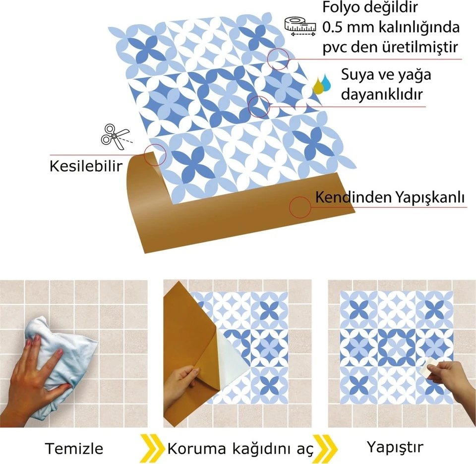 Kendinden Yapışkanlı Mavi Çiçek Desenli Pvc Karo 30X30 cm (33 Adet) 3m2