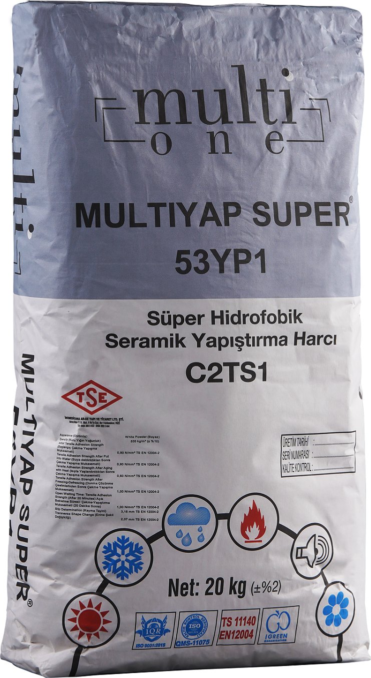MULTIYAP SUPER - 20kg - C2TS1 - Su Yalıtımlı Seramik Yapıştırma Harcı, Beyaz Renkli, Süper Güçlü Tutuş