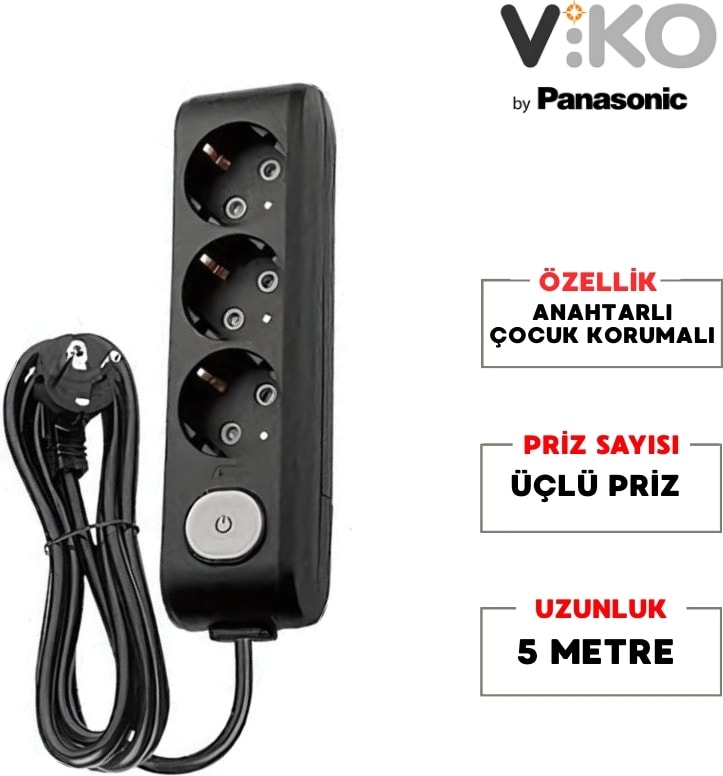 | Üçlü Grup Priz, Anahtarlı Topraklı - Çocuk Korumalı Çoğaltıcı Priz [Üçlü, 5 Metre, Siyah]
