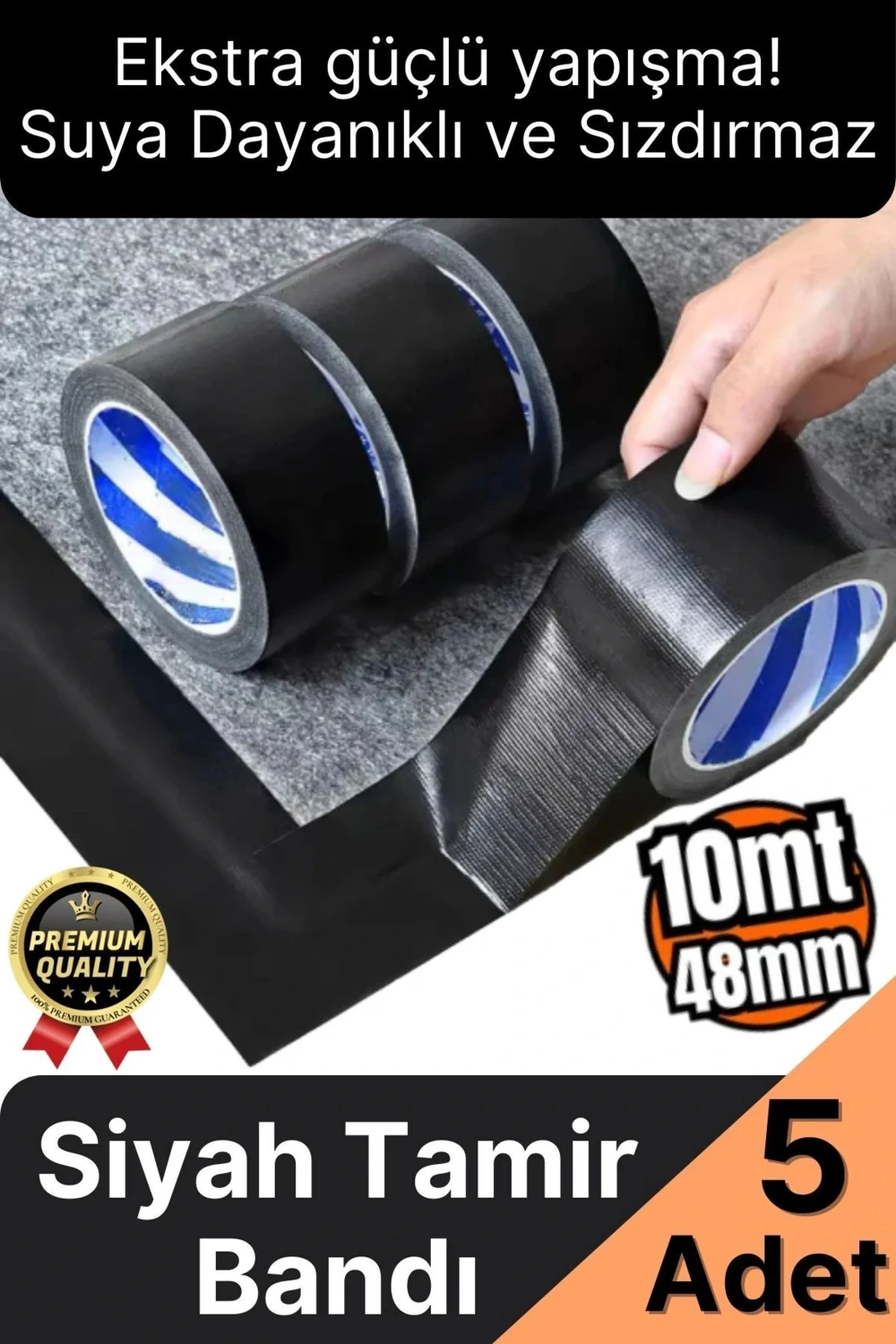 5 Adet Ekstra Güçlü Dayanıklı Su Geçirmez Sızdırmaz Yalıtım Izolasyon Siyah Tamir Bandı 10 mt 48 mm