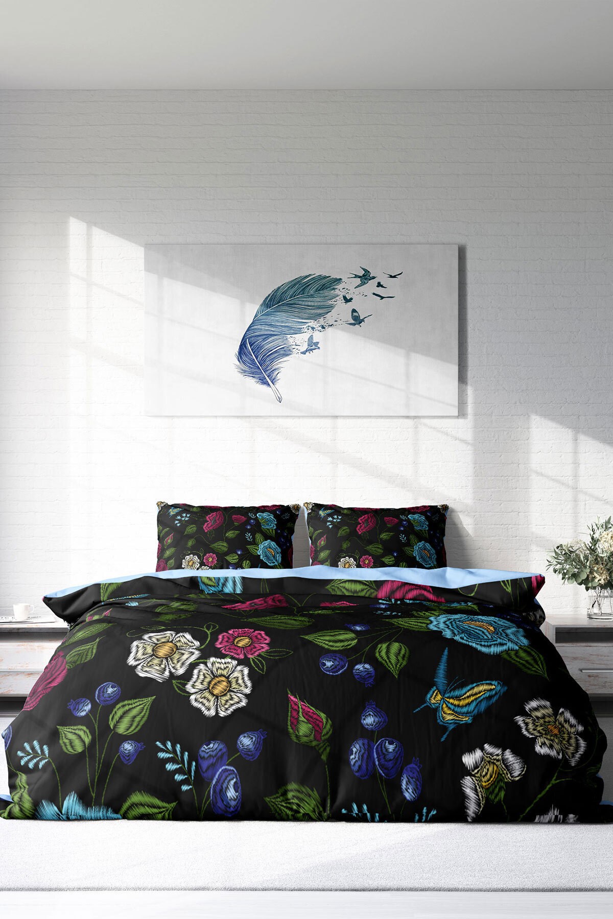 Lastikli Çarşaflı %100 Pamuk Saten Çift Kişilik Nevresim Takımı Flower Black