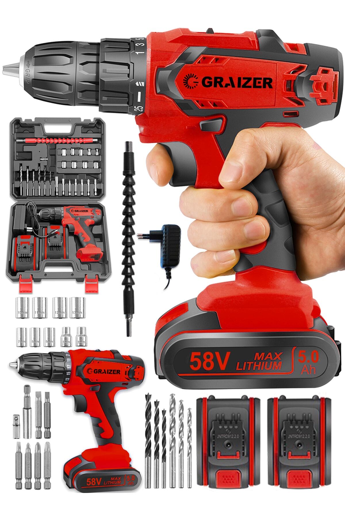 Alman 58 V 5 Ah Darbeli Metal Şanzuman Çift Vites Şarjlı Vidalama Matkap 24 Parça Set Sta