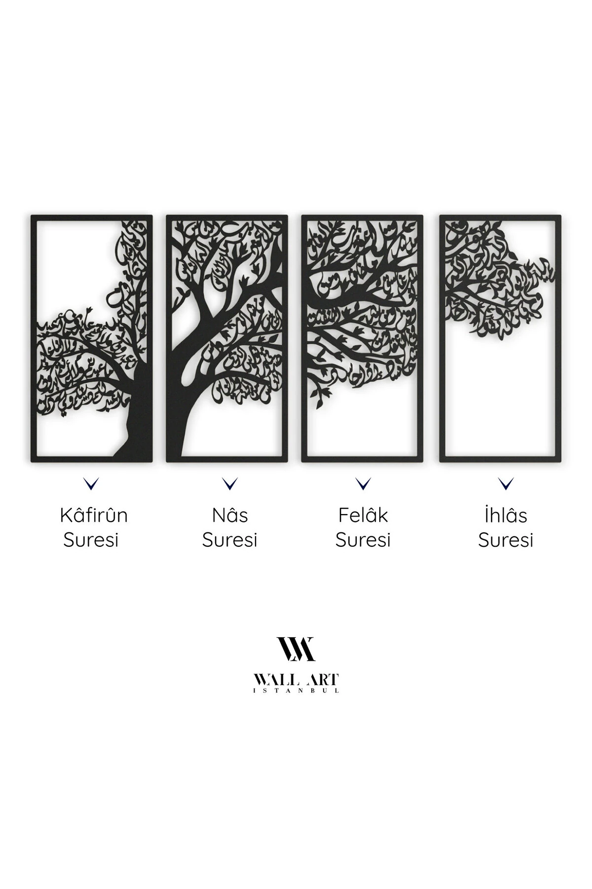 Ağaç Motifli 4 Kul Metal İslami Duvar Tablo Seti - Felak Nas İhlas Kafirun Sureleri - WAM229