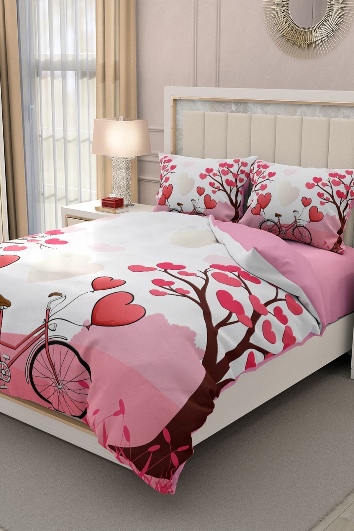 Kıng Sıze Sevgililer Günü Çift Kişilik Nevresim Takımı%100 Pamuk Saten Dilek Ağacı 220x240cm