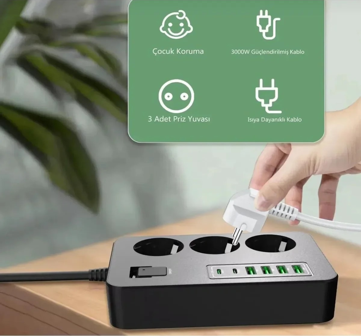 Akım Korumalı 3’lü Priz – 2x Usb-C + 4x Usb-A Hızlı Şarj | 2m Kablo | Çocuk Korumalı Çoklu Priz