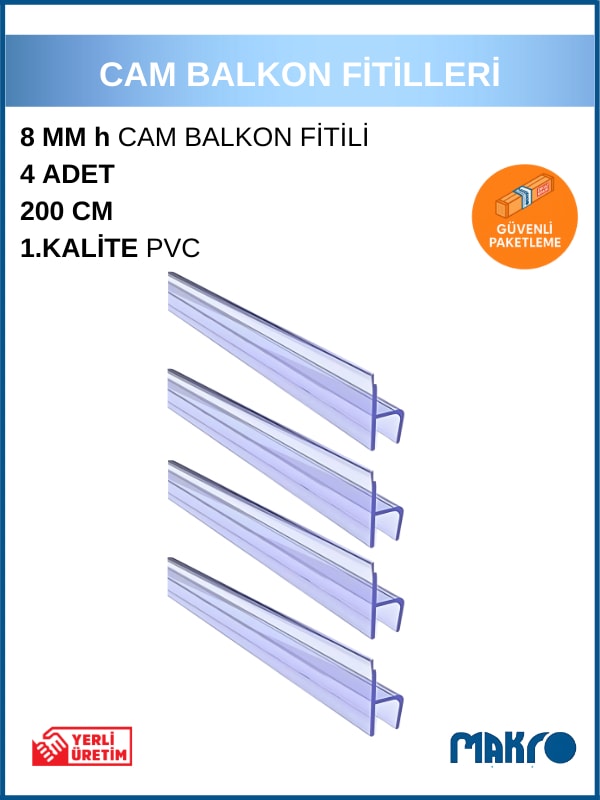 8 mm Küçük H (Y) Cam Balkon Şeffaf Fitil 4 Adet 200 cm