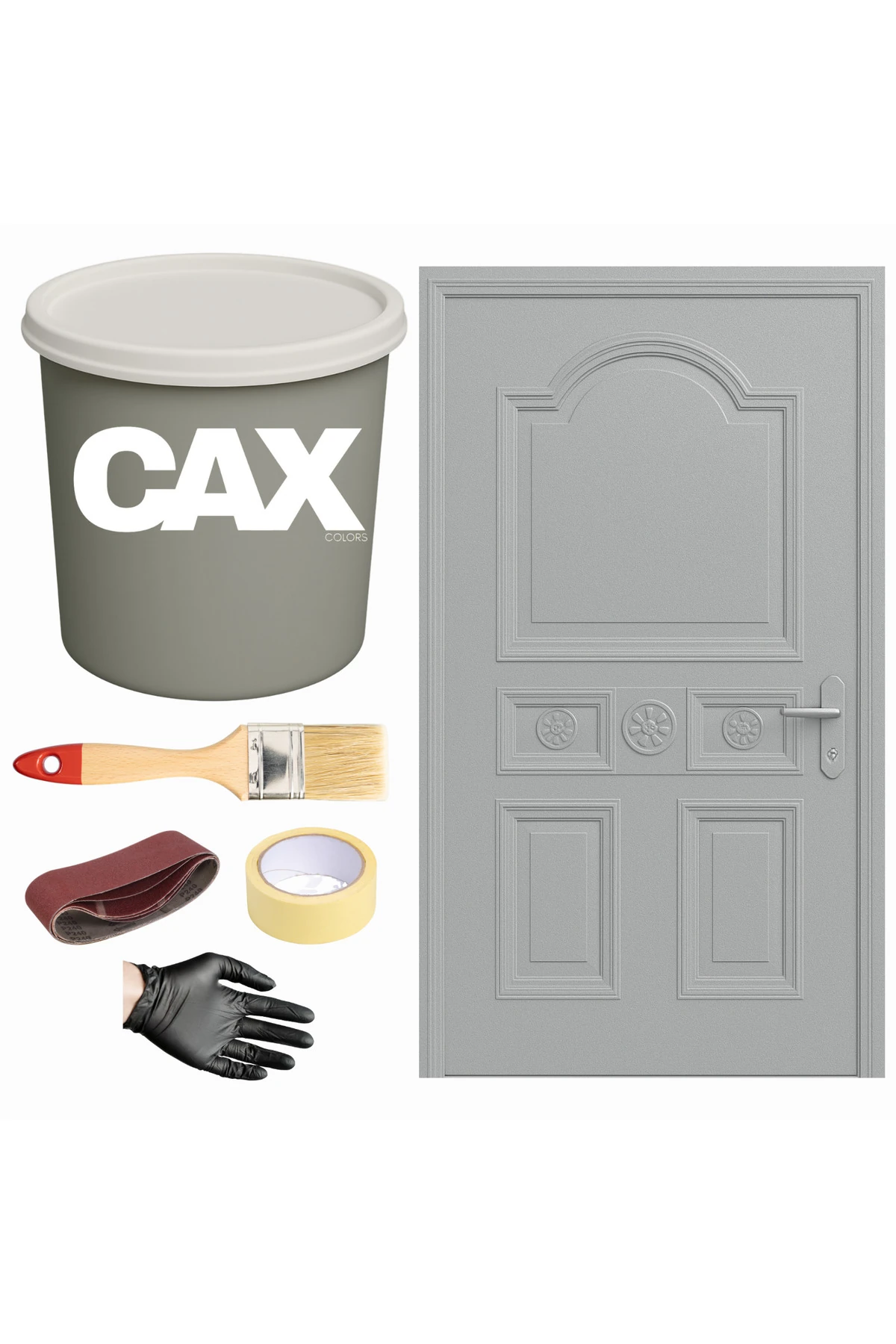 DEMİR & METAL VERNİKLİ PANEL KAPI AKRİLİK BOYA SETİ 1 LİTRE + FIRÇA + ZIMPARA + BANT + ELDİVEN
