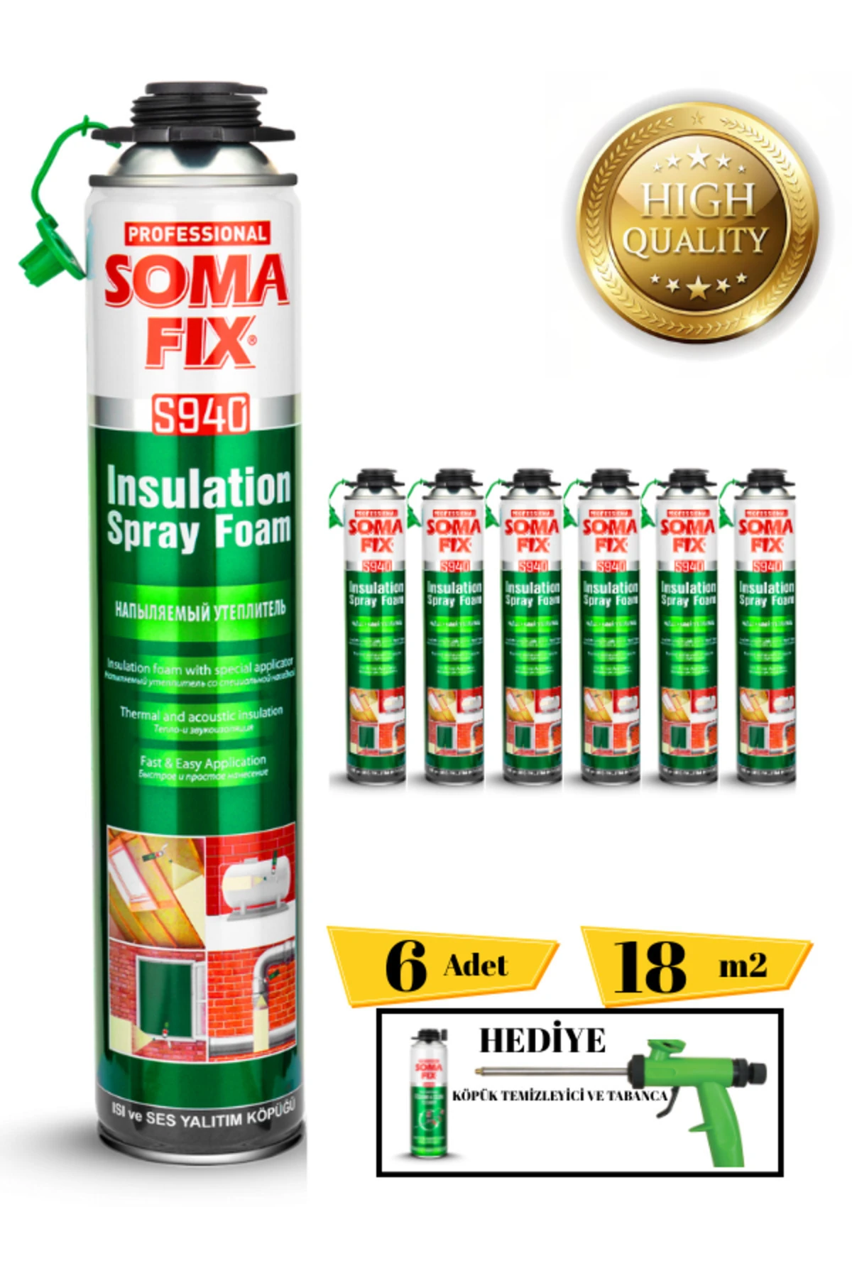 Poliüretan Termal Isı Ve Ses Yalıtım Sprey Köpük (6 ADET) Tabanca Ve Temizleyici Hediyeli