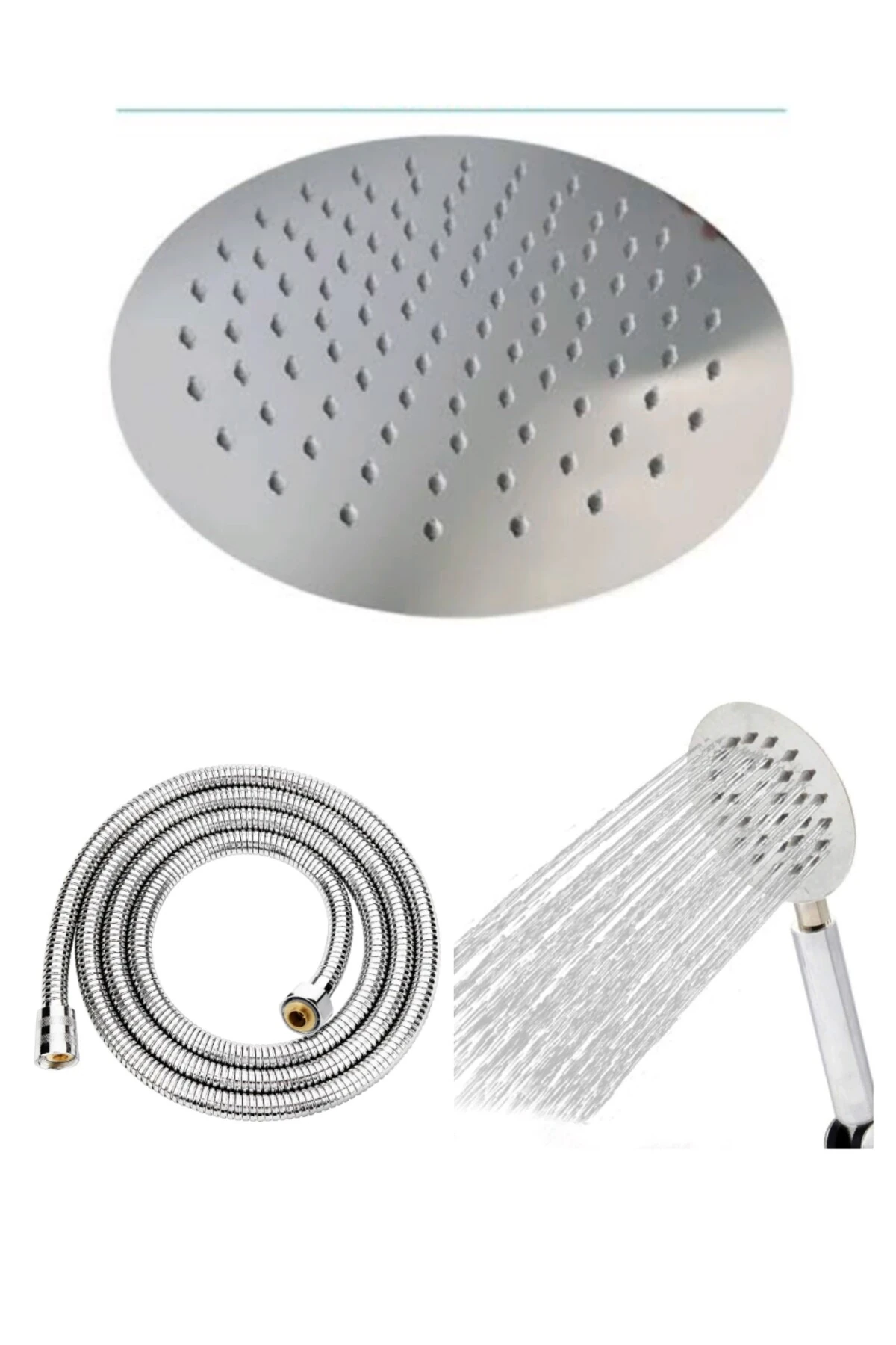 Otel Hamam Tipi Sus304 Inox Mat Krom Dayanıklı Tepe Duş Başlığı Duş Elciği Çelik Duş Hortumu