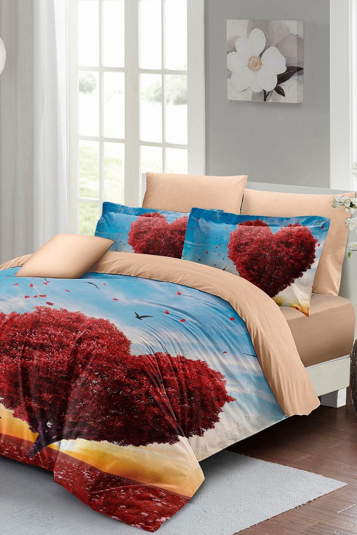 Kıng Sıze Sevgililer Günü Çift Kişilik Nevresim Takımı%100 Pamuk Saten Love Tree 220x240cm