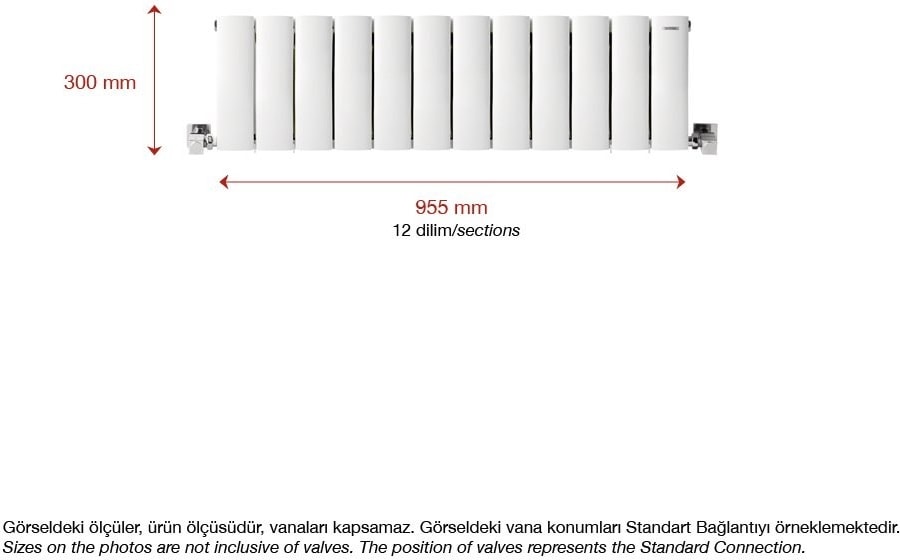 300 x 955 mm Lilac Yatay Beyaz Alüminyum Radyatör Standart Bağlantı