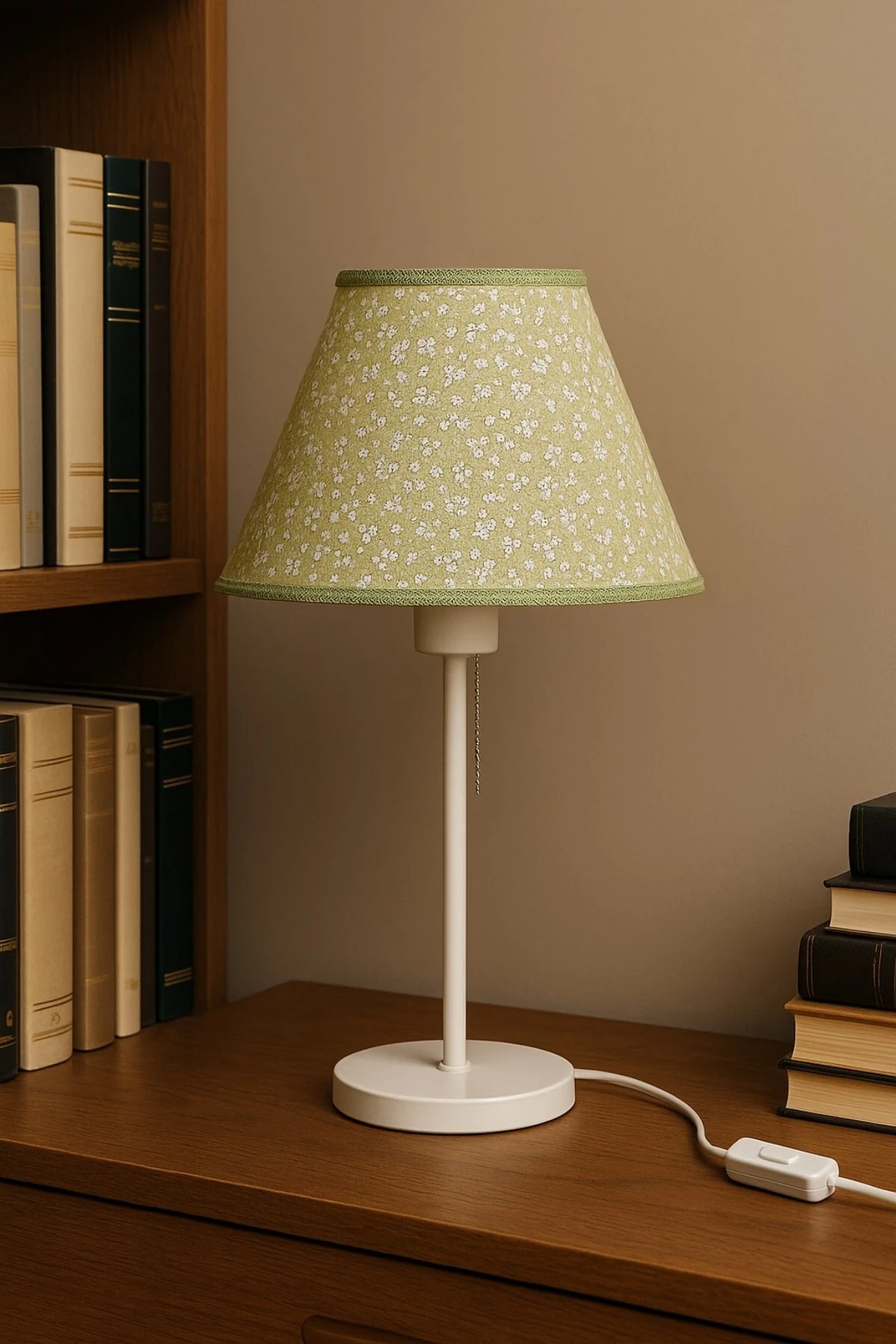 Yeşil Çiçek Desenli Kumaş Abajur, Zincirli Anahtarlı Masa Lambası, Dekoratif Aydınlatma, 30x50 cm