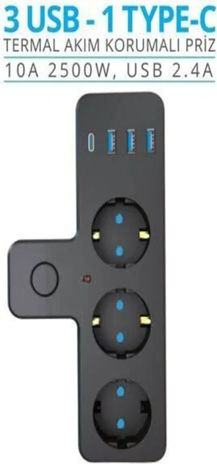 3'lü Akım Korumalı Priz Çoğaltıcı 2500W 3xusb 2.4A 1xtype-C