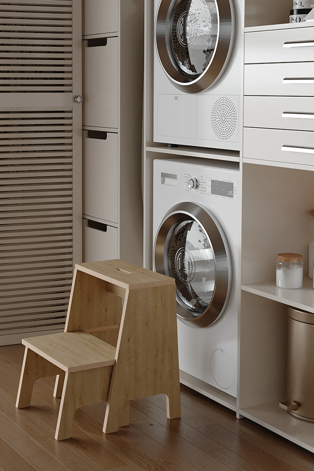 İki Basamaklı Merdiven Tabure Kayar Basamaklı Yer Kaplamayan Sağlam Merdiven MDF LAM Safir Meşe