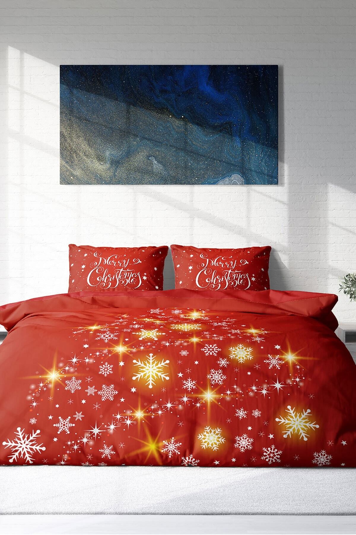 Kıng Sıze Yılbaşı Süsü Merry Christmas Çift Kişilik 3d Nevresim Takımı Pamuk Saten 220x240cm