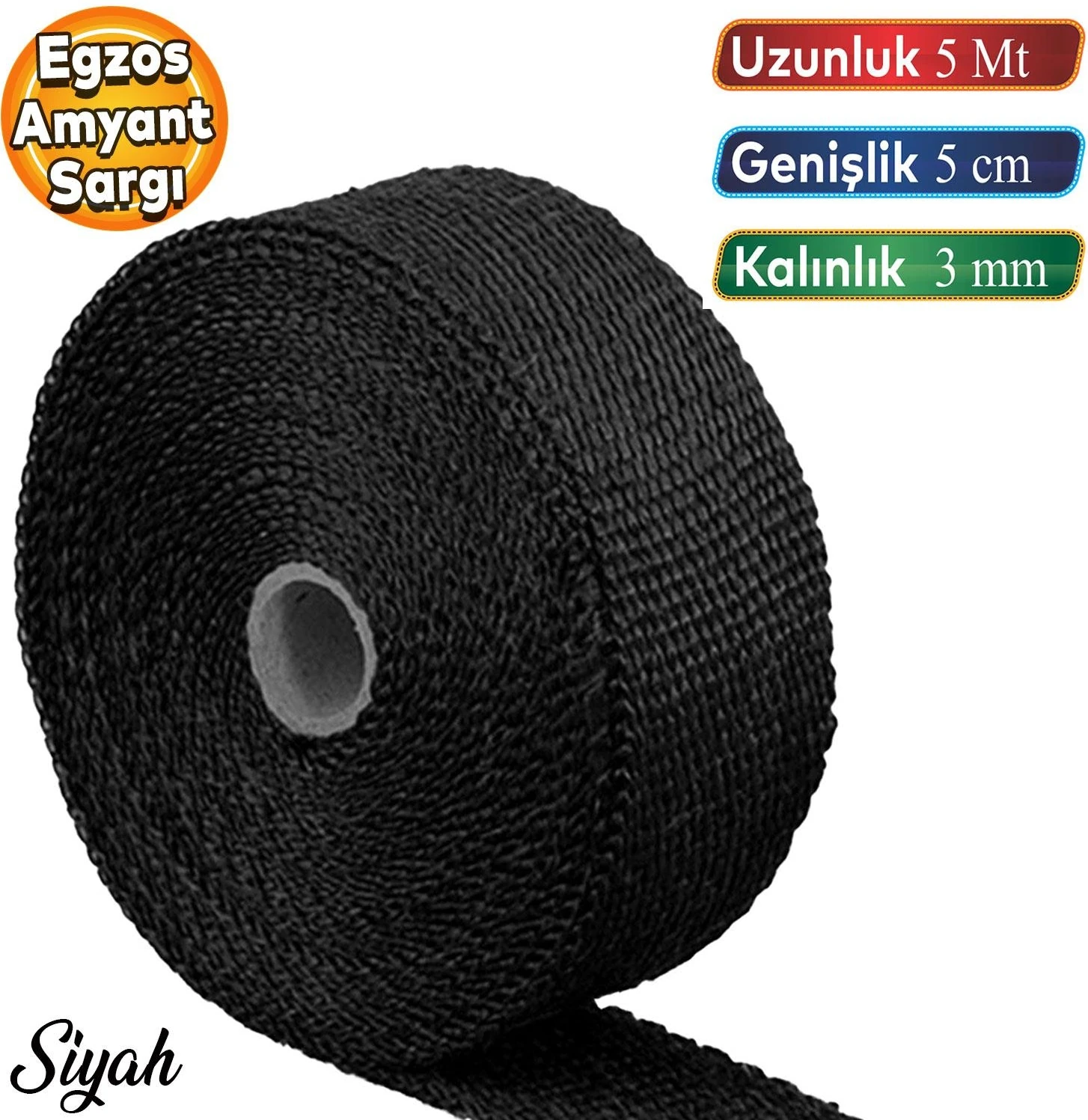 5 Metre 5 cm Cam Elyaf Eksoz Sargısı Manifold Sargı Bezi Yanmaz Bant Siyah Amyant 3 mm (Kalınlık)