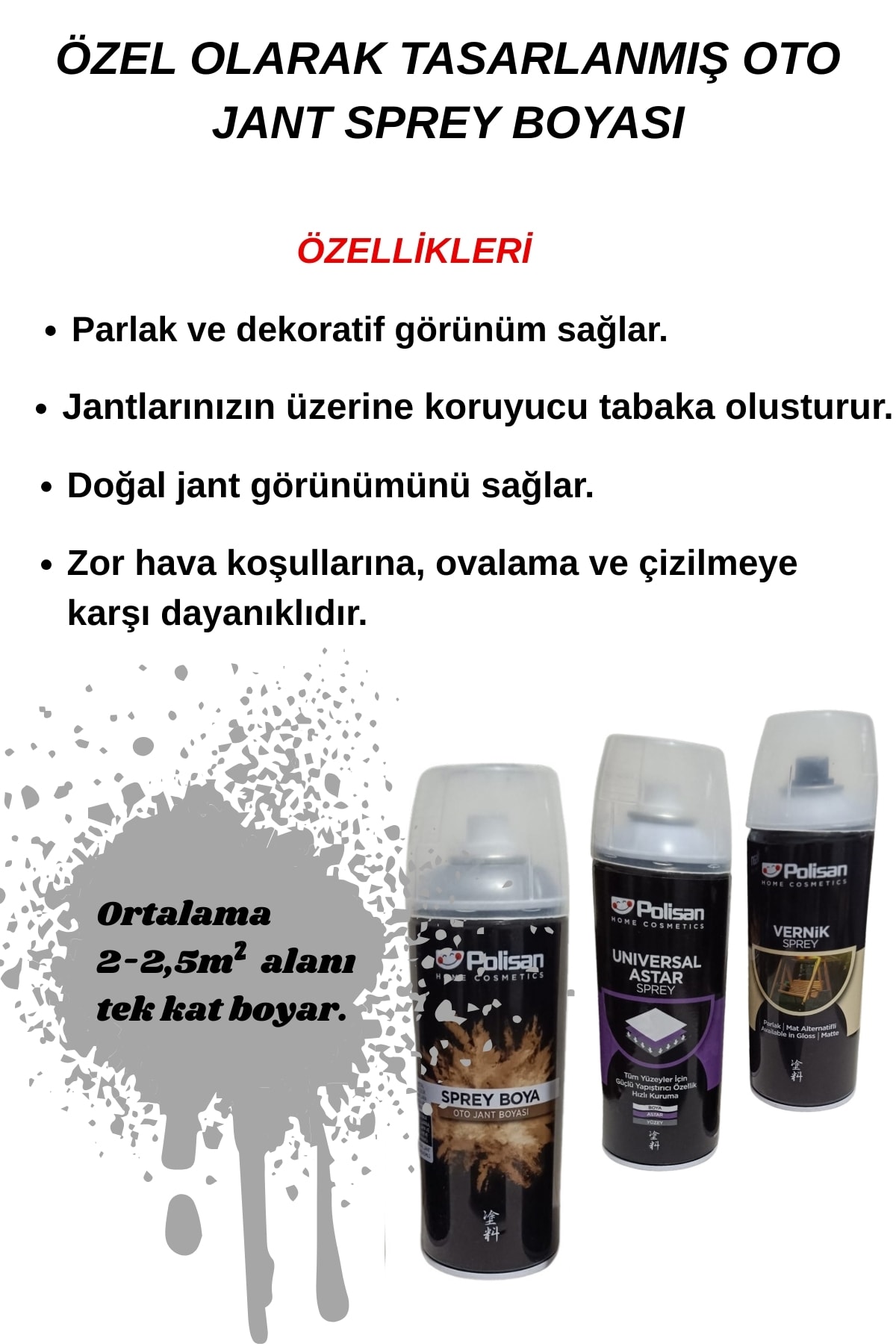 POLİSAN Oto Jant Gri Sprey Boya,Unıversal Astar Sprey,Parlak Vernik Sprey,3lü Jant Boyama Sprey Seti