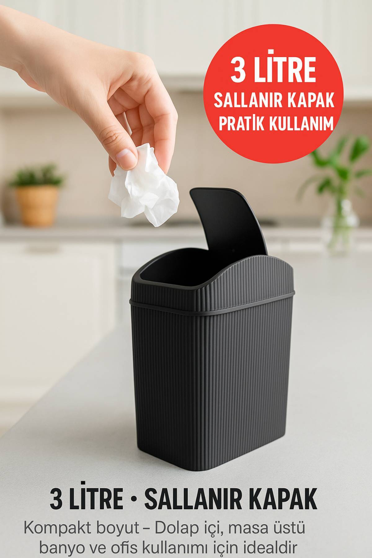 Mini Çöp Kovası, Mutfak, Banyo, Tuvalet, Ofis Çöp Kutusu Siyah