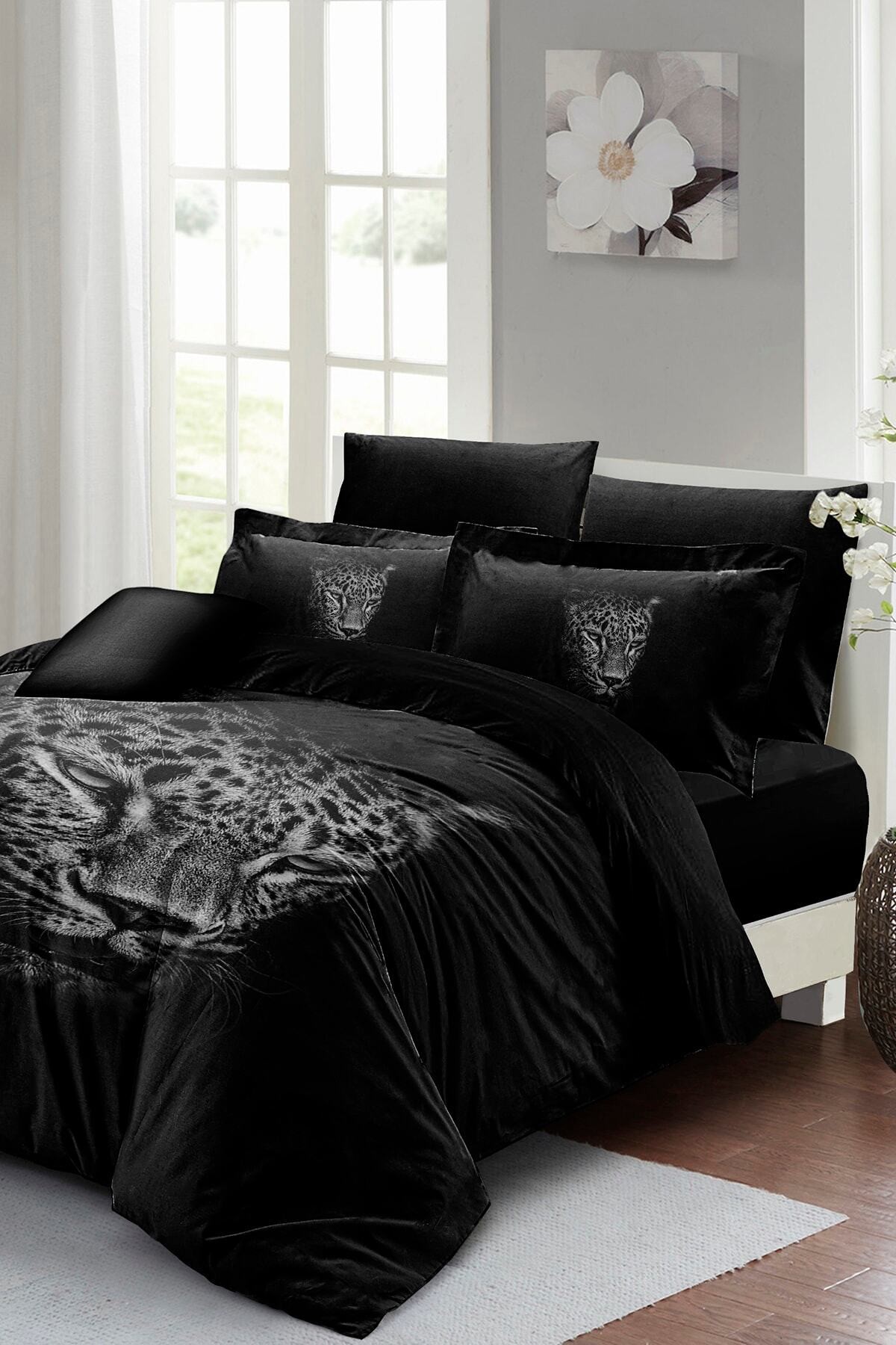 Kıng Sıze Black Leopar Çift Kişilik Nevresim Takımı %100 Pamuk Saten 3d Özel Tasarım 220x240cm