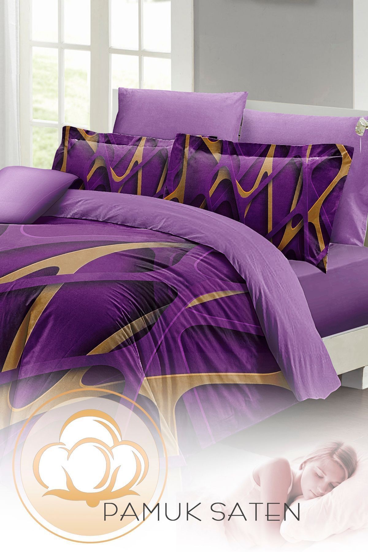 Purple Brown 3d Pamuk Saten Çift Kişilik Nevresim Takımı