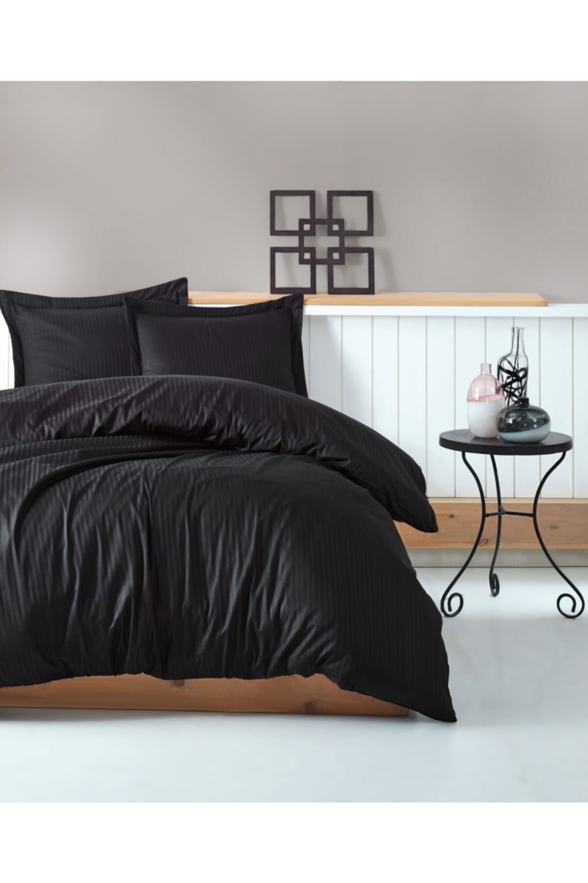 Elegant Series Saten Nevresim Takımı Çift Kişilik Stripe-siyah