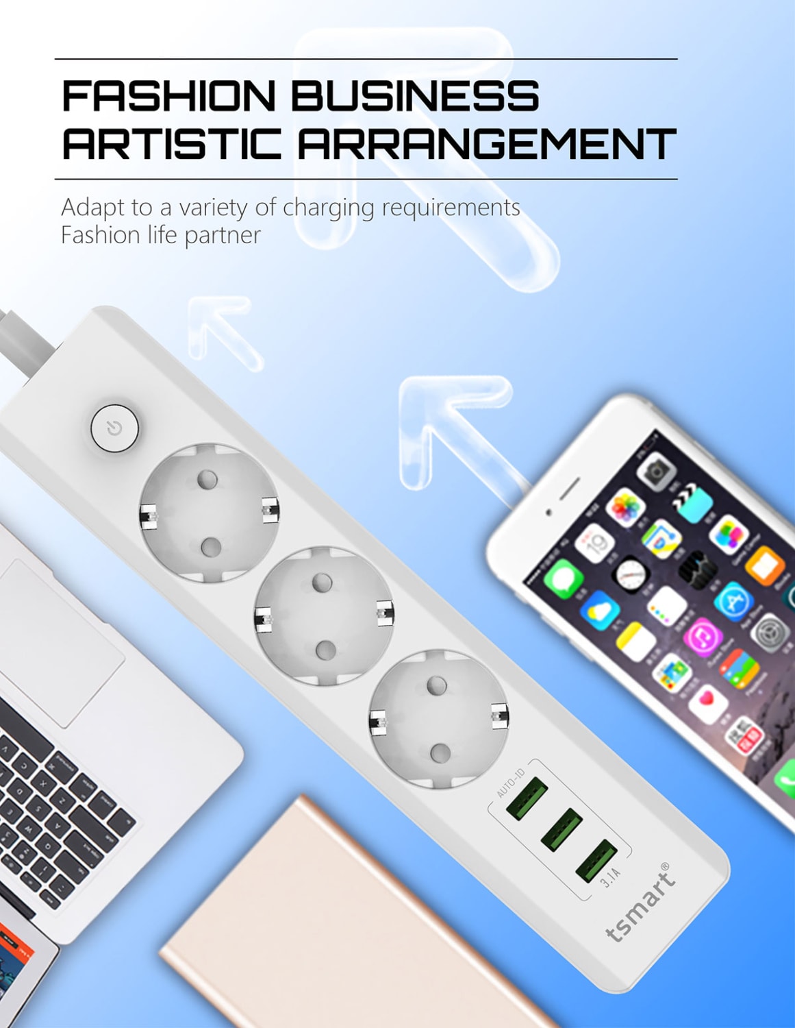 3Usb Çıkışlı Akım Koruyuculu Priz + Şarj Kablosu