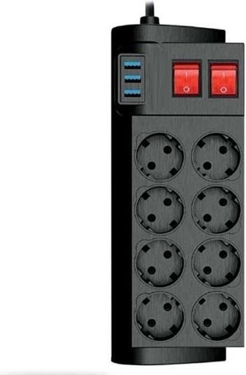 2 Metre Termal Akım Korumalı 16 A 4000 W 8'li Priz ve 3 USB 'si Bulunan Isıya Dayanıklı Uzatma Kablosu