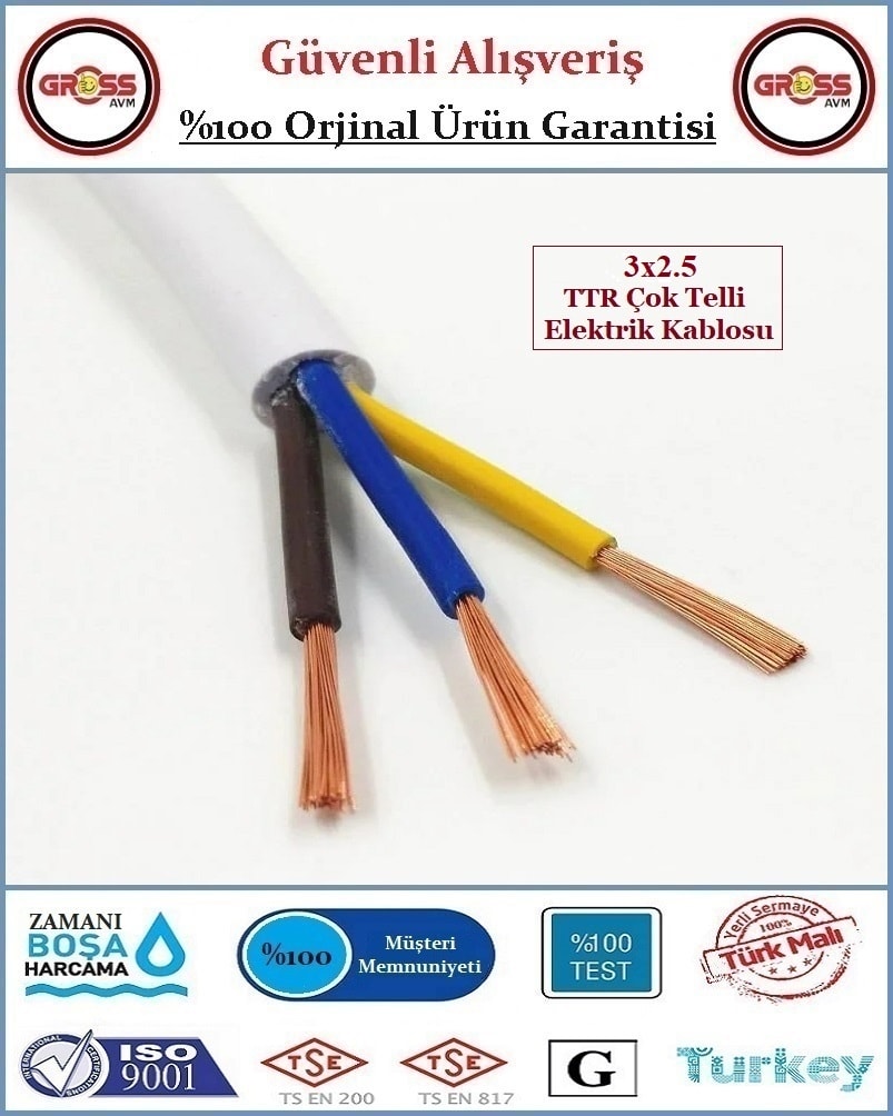 3x2.5 Ttr Elektrik Kablosu - Uzatma Ara Kablo - 2 Metre