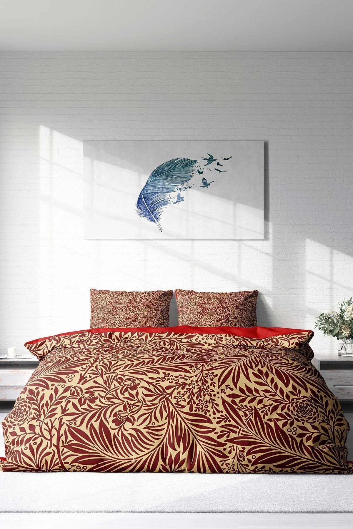 Red Leaf 3d Pamuk Saten Çift Kişilik Nevresim Takımı