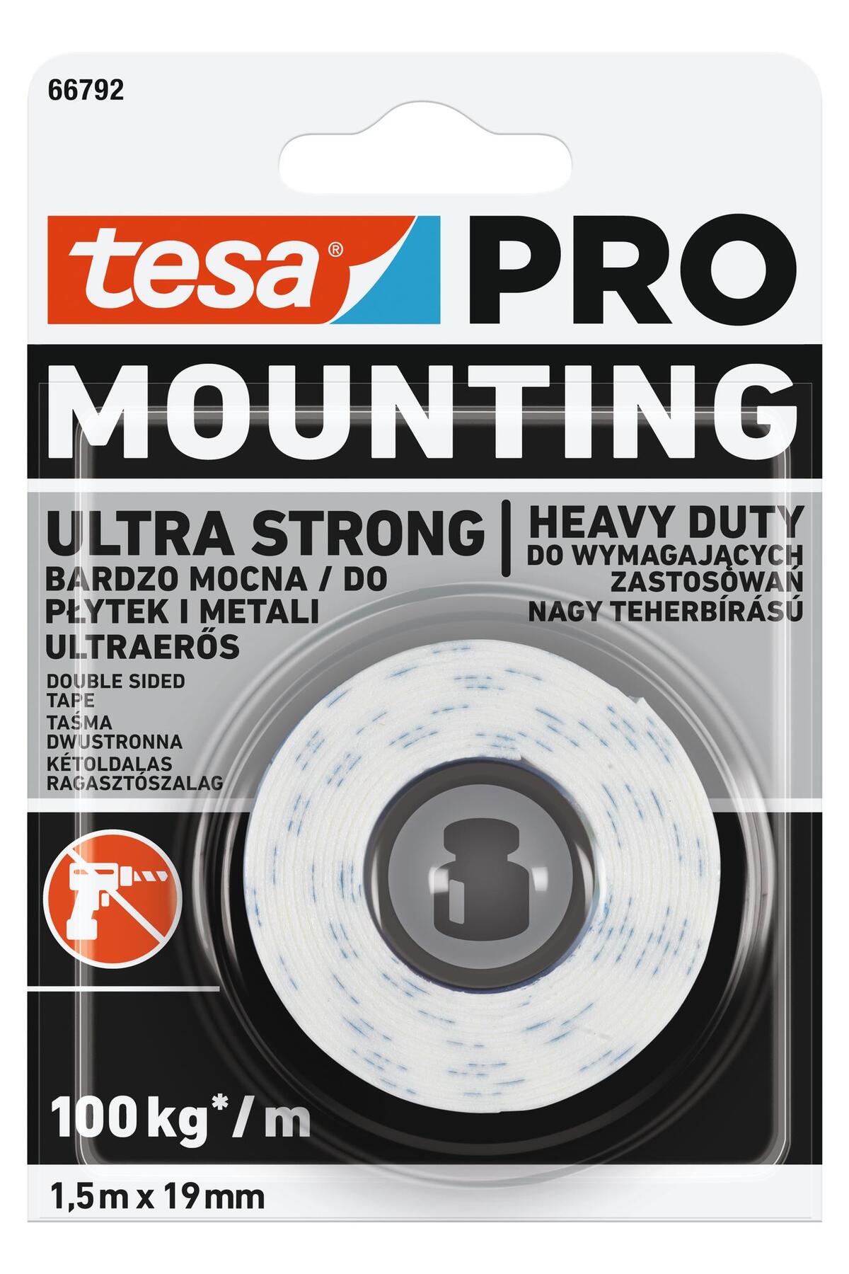 Çift Taraflı Montaj Bandı - tesa PRO 66792 Ultra Güçlü İç Mekan Montaj Bandı, 1.5m x 19mm