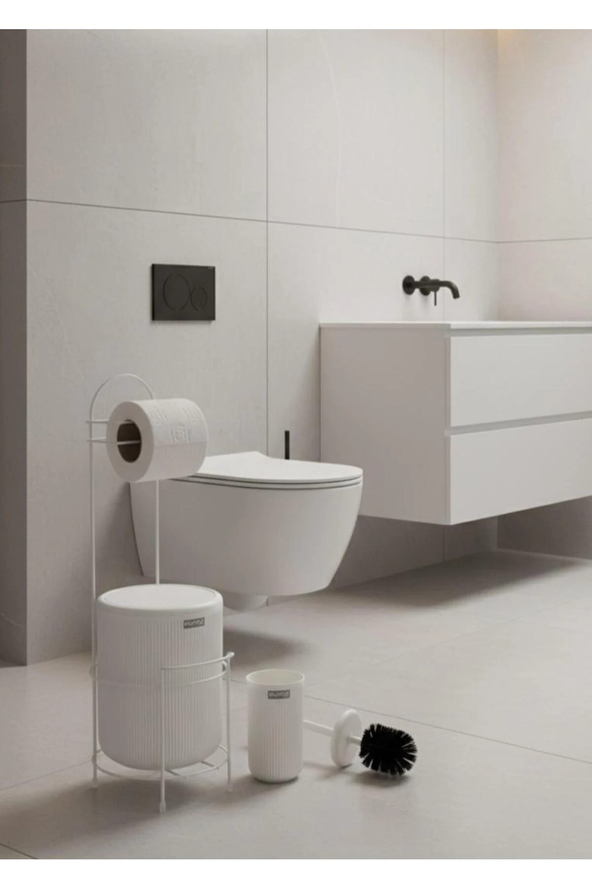 Beyaz Stantlı Wc Kağıtlık LineaYuvarlak Çöp Kovası ve WC Fırça Seti