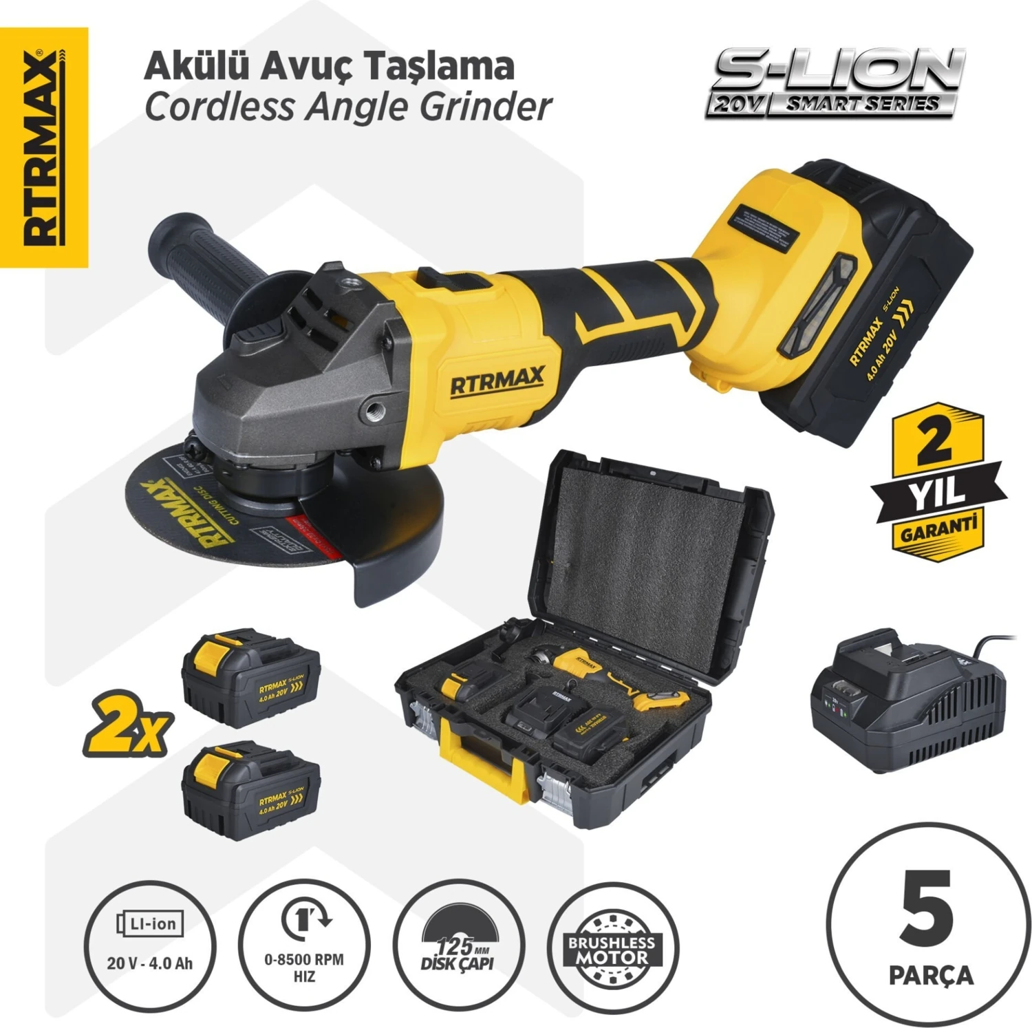 RTS5050 Şarjlı Avuç Taşlama Makinası Kömürsüz 125mm 8.500 Rpm 2x4 Ah 20V Çift Akü S-Lion - Akü Dahil