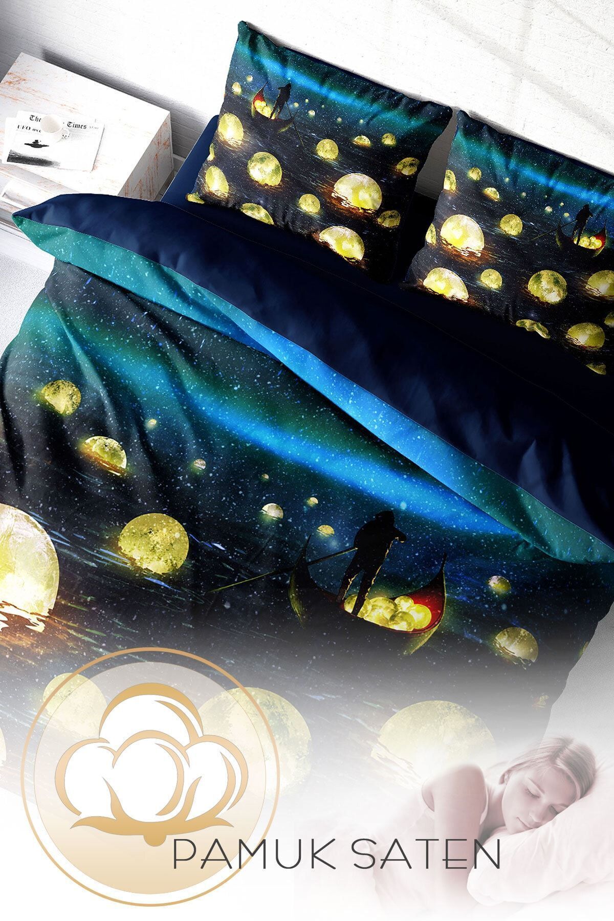 Nevresim Takımı %100 Doğal Pamuk Çift Kişilik 3d Digital Moon River