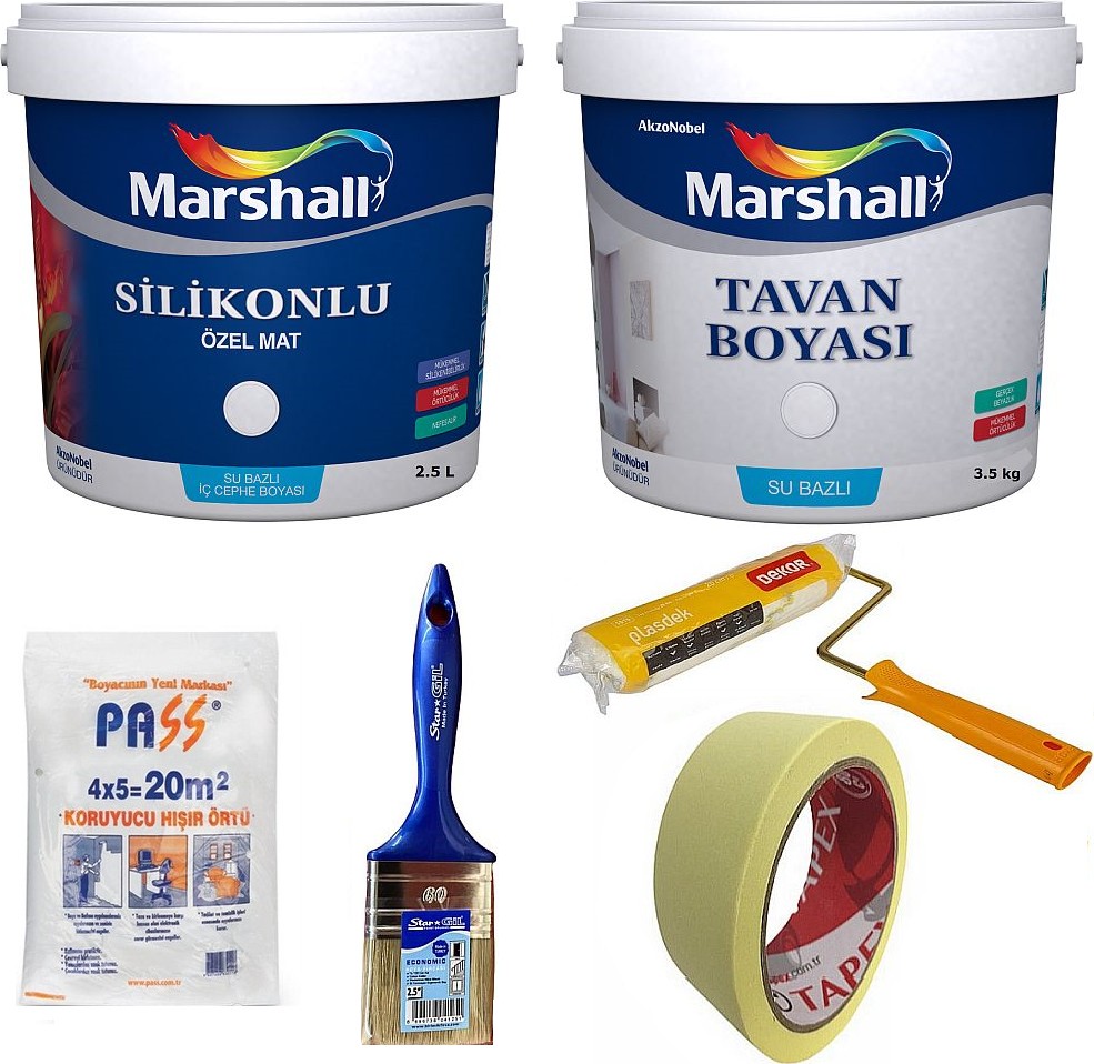 Silikonlu Özel Mat Iç Cephe Boyası 2.5 Lt + Tavan Boyası 3.5 kg + 4 Parça Boyama Seti